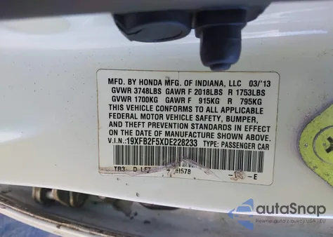 2013 Honda Civic Lx z USA, uszkodzony, nr VIN 19XFB2F5XDE228233